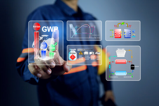 Global warming potential GWP concept with engineer pointing on virtual interface to compare value each refrigerant for air conditioner R410A, R32 and R454B is environment friendly with less index