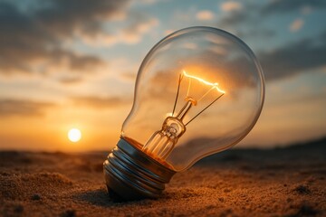 Glowing incandescent light bulb lying on sandy ground at sunset with warm golden sky reflecting off glass symbolising innovation and energy concept