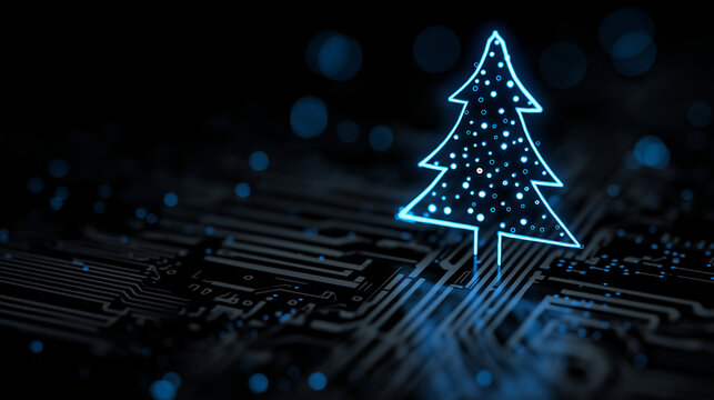 Abstract christmas tree in circuit network digital technology electronic concept. Vector illustration . Glowing xmas tree from Dark  Circuit Board , blue lights