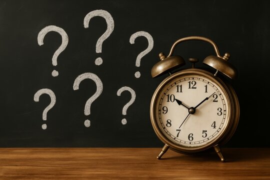 Vintage brass alarm clock on wooden table in front of chalkboard covered with white question marks symbolising uncertainty and time management concepts
