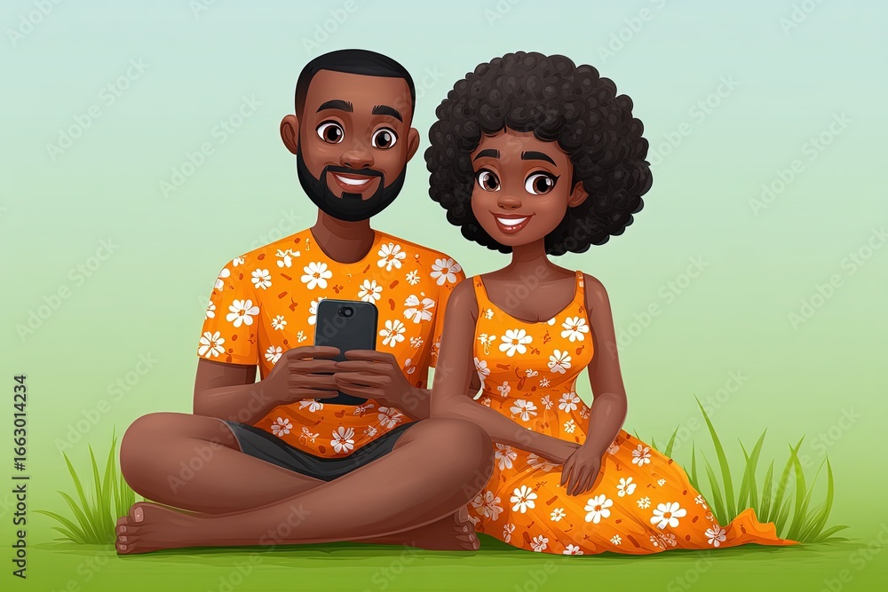 Poster Engaging couple joyfully sharing a moment of connection while seated on green grass, dressed in matching floral patterns, expressing warmth and bond in a cheerful setting