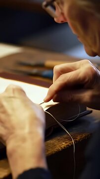 Expert Bookbinders Hands Carefully Stitch Book Signatures Together with Needle and Thread:  A Detailed Close-Up of Traditional Bookbinding Techniques