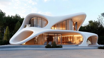 Modern, curvaceous house with large windows, showcasing an organic, futuristic design blending nature