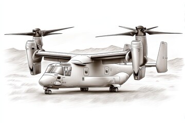 Fototapeta premium Advanced military tiltrotor aircraft positioned on rugged terrain showcasing cutting-edge technology designed for versatile aerial operations and strategic military missions