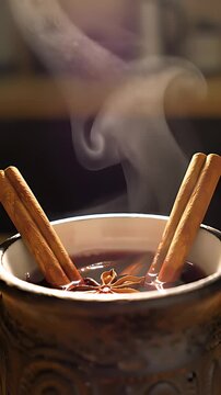 Aromatic Steam Rises from a Rustic Mug of Spiced Mulled Cider: Cinnamon Sticks and Star Anise Infuse the Warming Beverage