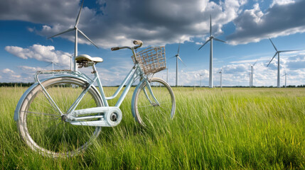 Naklejka premium Vintage bicycle rests in lush green field, surrounded by towering wind turbines under dramatic sky filled with clouds. scene evokes sense of tranquility and sustainability