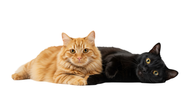 Black and ginger cats lying together png isolated on transparent background