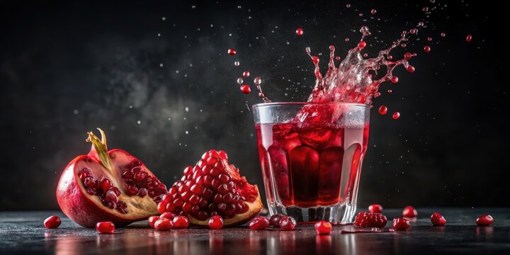 Pomegranate juice splashes in a glass against dark backdrop with a few pomegranate seeds