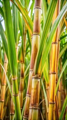 Fototapeta premium Close-up of sugarcane leaves and stems with intricate details and textures