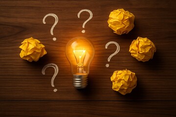 Glowing light bulb surrounded by yellow paper balls and chalk question marks on wooden table symbolizing ideas and problem solving
