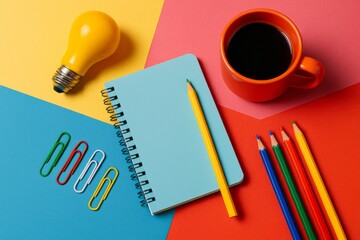 Colorful flat lay with blue and red spiral notebooks, paper clips, binder clips, yellow notepad and pencil on vibrant multicolor background for office supplies concept