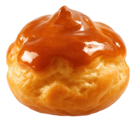 Puffy choux pastry with glossy glaze, steam escaping from top.