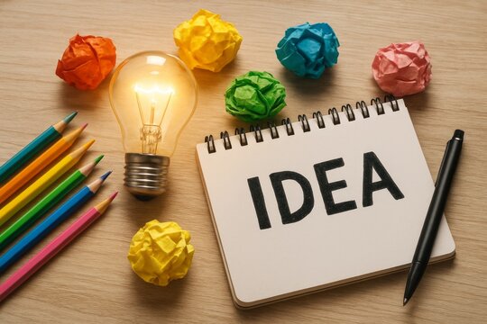 Creative brainstorming flat lay with light bulb, spiral notebook labeled idea, colored pencils, pen and crumpled paper balls on wooden desk