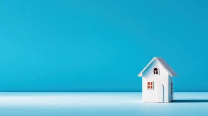 Small white model house stands against bright blue background, symbolizing home and comfort. simplicity of design evokes feelings of warmth and security