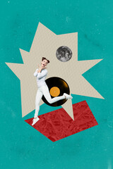 Zine sketch image vertical collage of happy girl guy dance astronomic party holiday celebration...