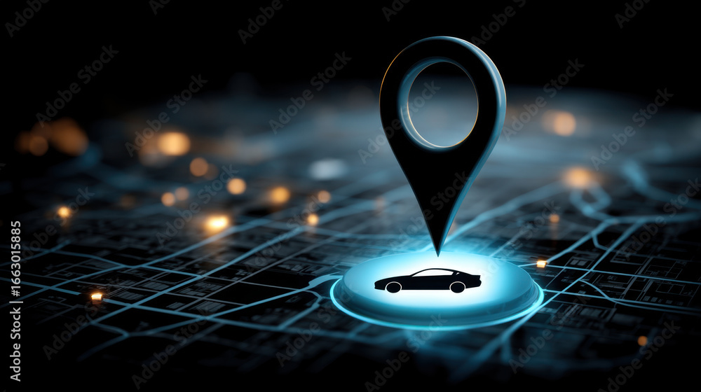 Poster digital map with glowing location pin highlighting car symbol, representing navigation and location 