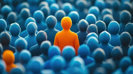 Obraz premium A solitary orange figure stands out against a sea of blue, with a blurred background suggesting a bustling crowd.
