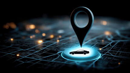 Digital map with glowing location pin highlighting car symbol, representing navigation and location tracking technology. background features network of streets and lights, creating modern urban