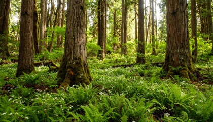 Fototapeta premium Sunlight filtering through towering trees in a lush forest floor blanketed with ferns and small white flowers