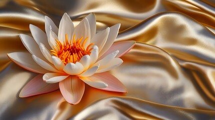 Fototapeta premium A water lily resting on a shimmering golden silk fabric with soft lighting
