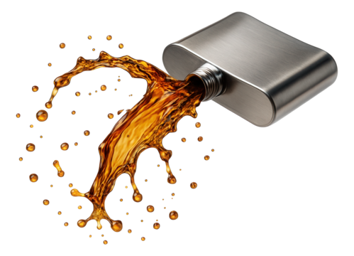 Whiskey droplets dispersing from a metal flask pour.