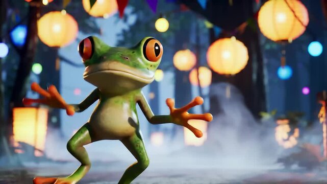 Animated frog dancing in vibrant lantern-lit scene during twilight with artistic fog effects