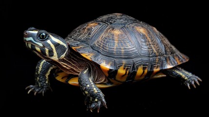 Obraz premium A small turtle with a black and orange shell, standing on a black background with a black background.
