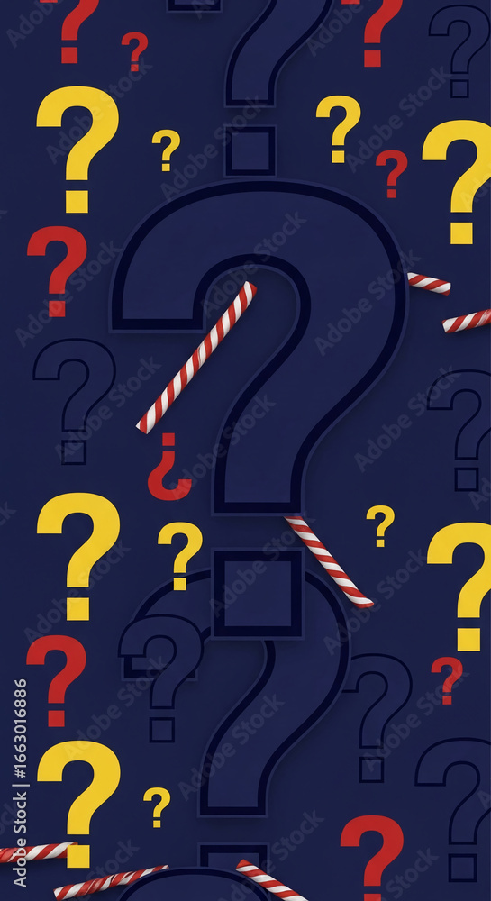 Poster dark blue background with large and small question marks in red and yellow, interspersed with candy 