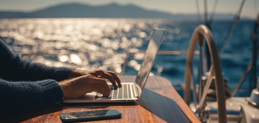 The Laptop On A Sunny Boat Surrounded By Sea And Golden Light