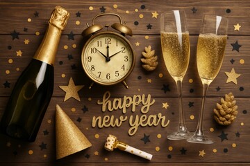 Top view of festive New Year celebration scene with champagne bottle, vintage clock, gold party hat, noisemaker and glasses on wooden table with glitter confetti