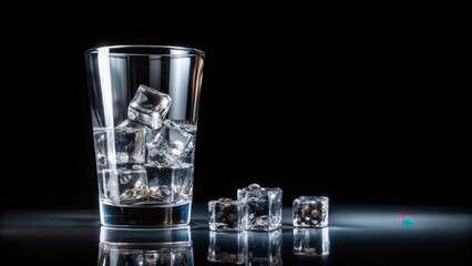 Still life of glass filled with crystal clear water and floating ice cubes on a black background