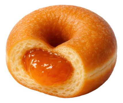 Donut with a visible incision showcasing tangy apricot jam.