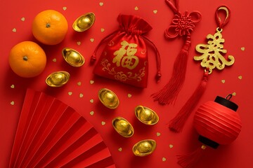 Traditional Chinese New Year still life with red pouch, gold ingots, red paper fan and lantern on vibrant red background representing prosperity