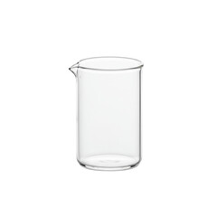Small, pristine, empty laboratory-grade borosilicate glass beaker with subtle light reflections, isolated on a transparent background with shadowless studio lighting, high-end commercial appeal