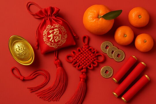 Chinese New Year arrangement with embroidered red money pouch, oranges and Chinese knot surrounded by golden coins on vibrant red background