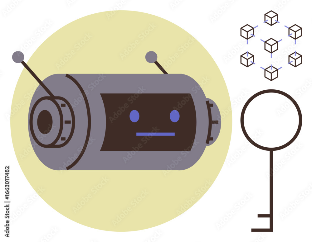 Poster cylindrical robot with antennas and neutral expression, next to a key and group of cubes representin