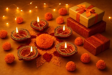 Still life of Diwali clay oil lamps with marigold pom poms and traditional gift boxes on festive surface with sparkling lights
