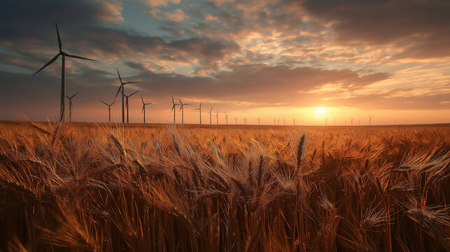 Golden wheat field at sunset with wind turbines scattered across the landscape, creating warm, serene, and sustainable countryside scene.