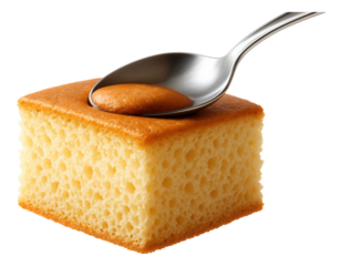A spoon slightly compressing the top layer of a sponge cake, demonstrating its soft and airy texture.