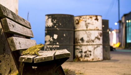 Obraz premium Toad on park bench, near industrial barrels
