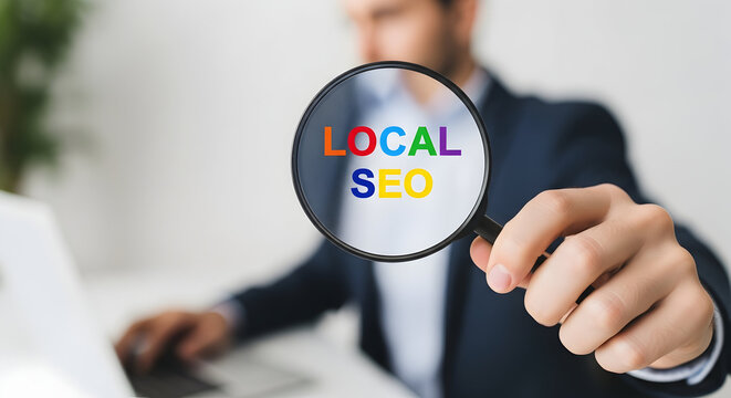 Magnifying Glass Highlighting Local SEO Text for Location‑Based Search Ranking and Small Business Marketing
