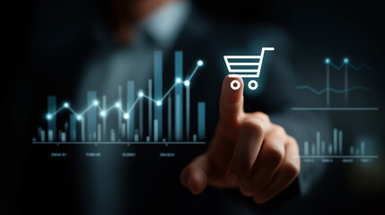 A man points at graphs of sales data cart on a dark digital analytics dashboard, highlighting insights, trends, and business performance.