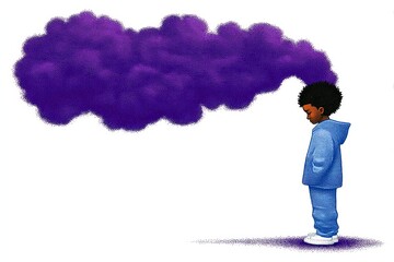 Young boy contemplating life's complexities represented by a swirling purple cloud above his head reflecting the weight of emotions and inner struggles in a modern artistic style