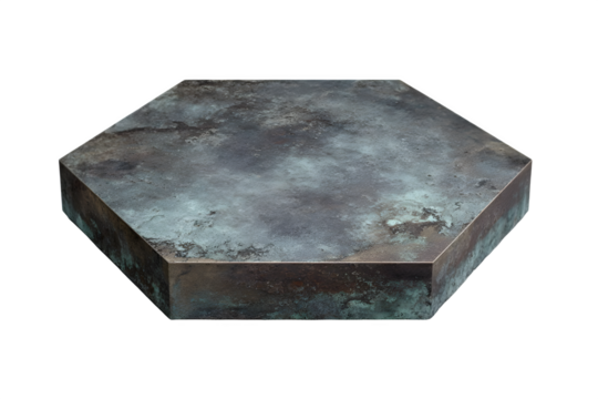 Hexagonal concrete stone podium for product display, abstract pedestal isolated on transparent background