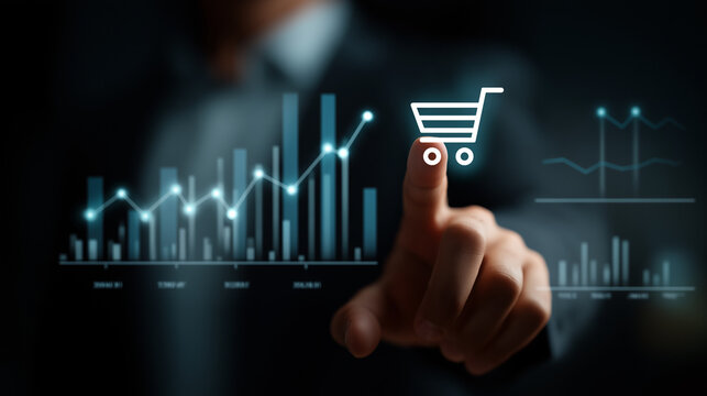 A man points at graphs of sales data cart  on a dark digital analytics dashboard, highlighting insights, trends, and business performance.