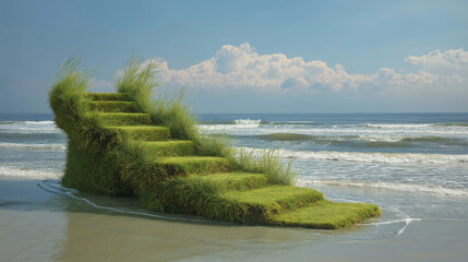 A surreal grass staircase ascends from the ocean into space, blending natural and cosmic elements in a dreamy, imaginative scene.