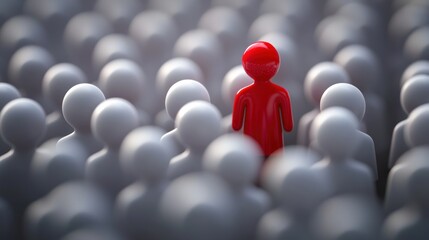 A red and white figure stands out from a sea of white figures, creating a striking contrast in this 3D rendering.