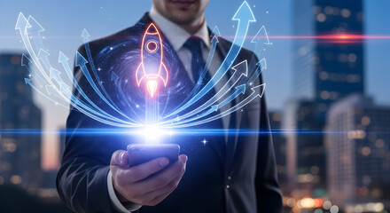 Businessman Launching Digital Startup with Holographic Rocket and Analytics Dashboard at Night
