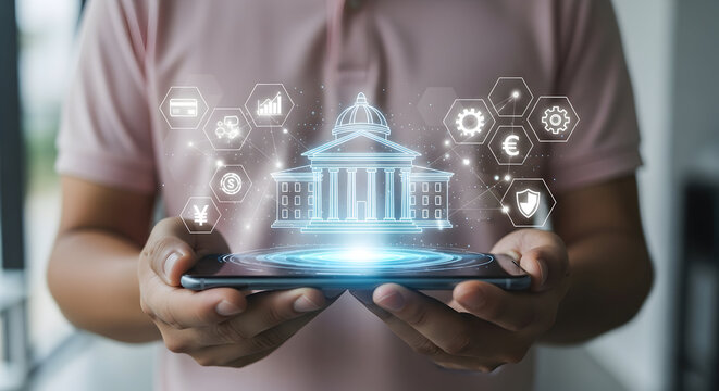 Person Holding Tablet with Holographic Government Building Icons for Digital Government Services and E‑Governance