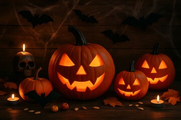 Carved jack-o'-lantern pumpkin with lit candle, small pumpkins and candles on dark rustic table with bats and cobwebs creating spooky Halloween decoration